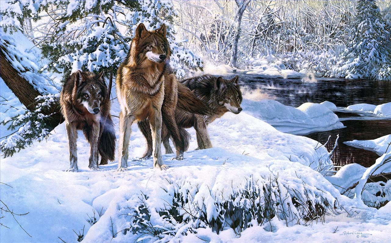 loups dans les scènes d’hiver Peintures à l'huile